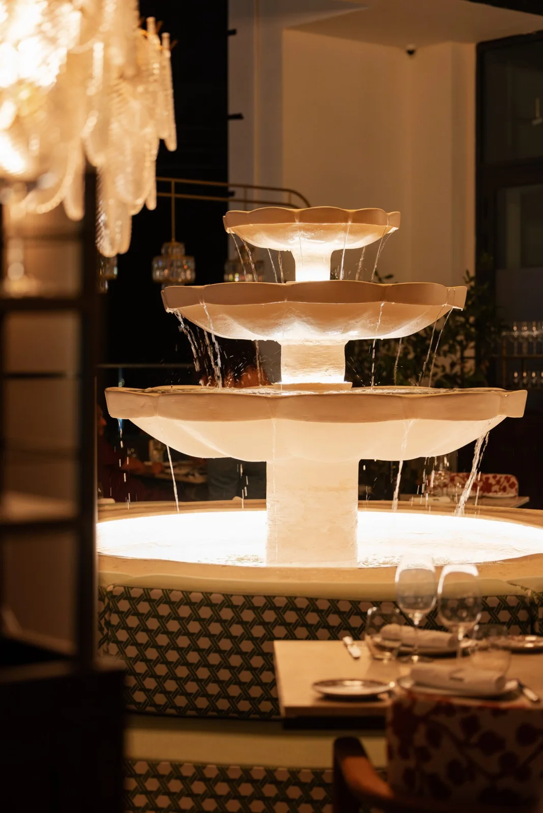 The illuminated fountain at TATEL Malta